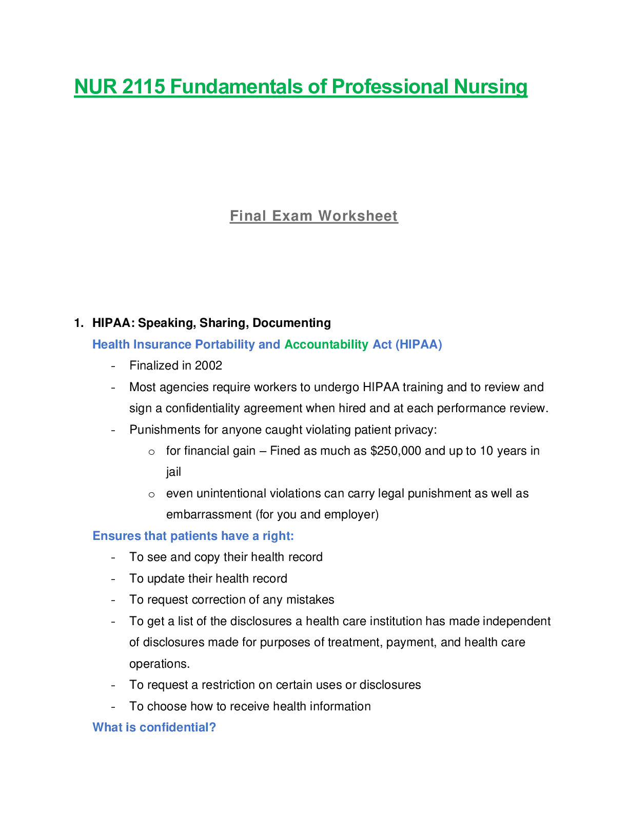 NUR 2115 / NUR2115 Fundamentals of Professional Nursing Final Exam